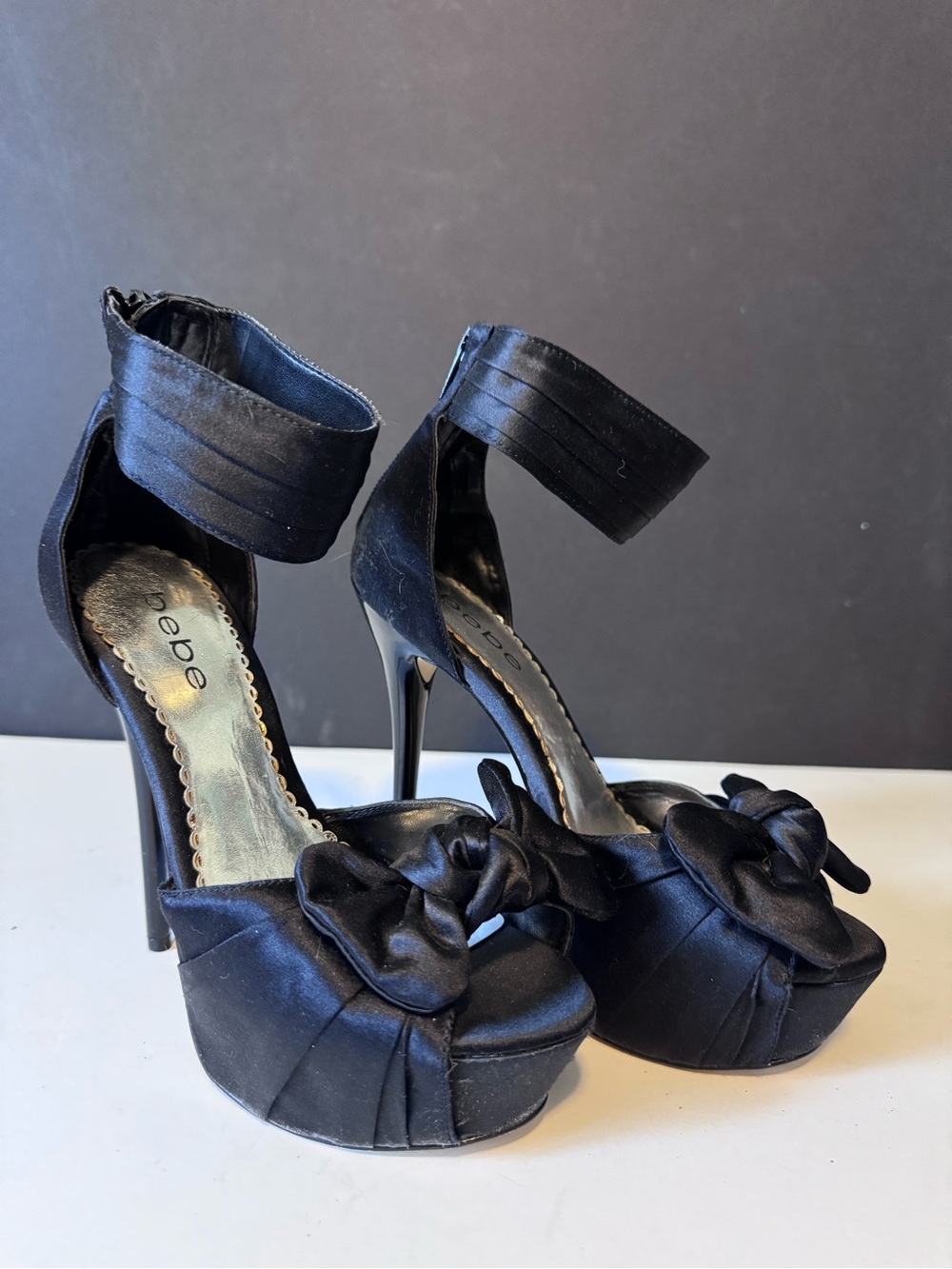 bebe Black Satin Platform Ankle-Strap Heels with Bow